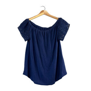 Women's Blue Eyelet Lace Linen Blend Blouse M